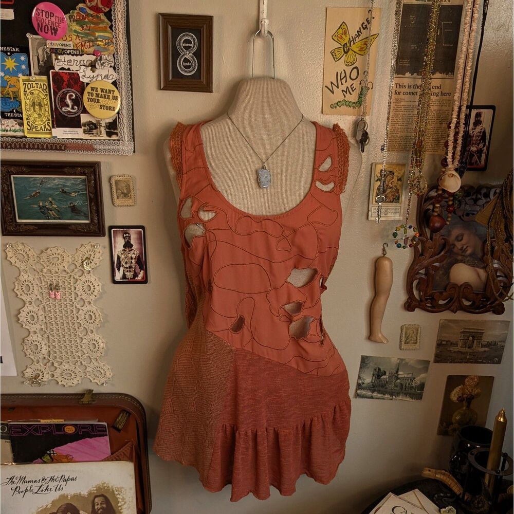 Vintage Ruffled Patchwork Tank Top Women's Small Coral Orange